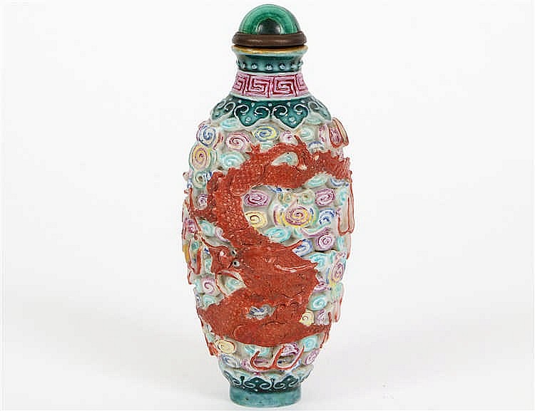 Appraisal: CHINESE ENAMEL DECORATED PORCELAIN SNUFF BOTTLEOf tapered form with a