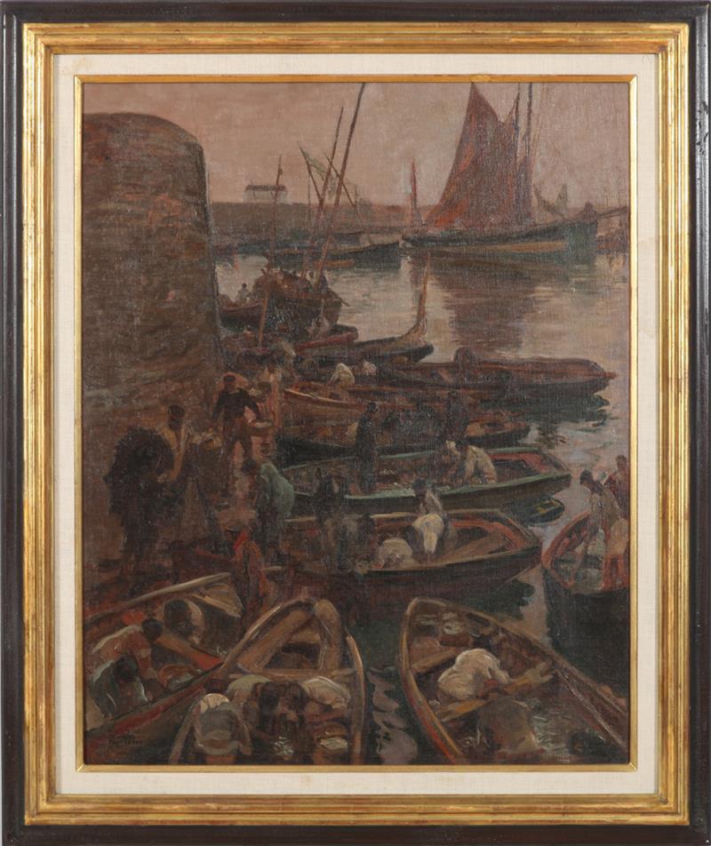 Appraisal: CHARLES FOUQUERAY - FISHING BOATS AT THE DOCK Oil on