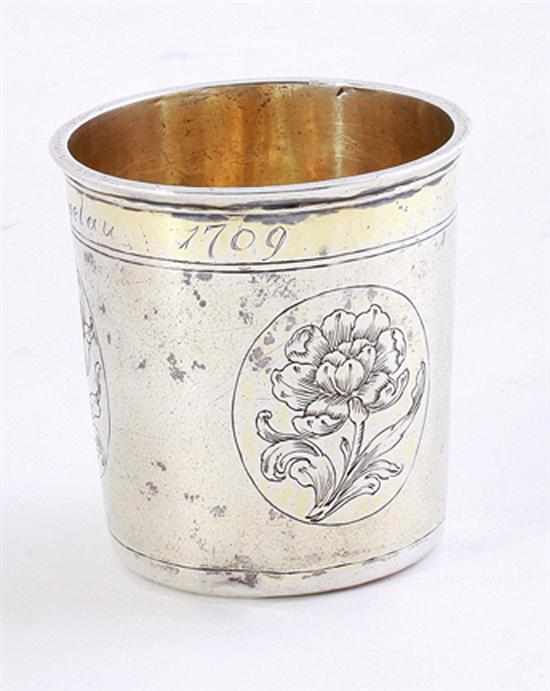 Appraisal: Continental silver beaker dated tapered cylinder engraved D Kruger Johan