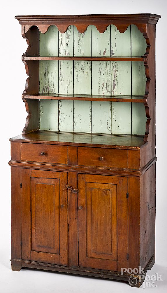 Appraisal: Pine stepback cupboard Pine stepback cupboard ca with scalloped sides