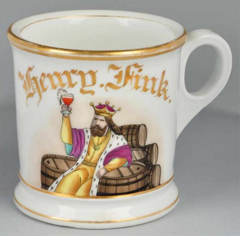 Appraisal: King Gambrinus Shaving Mug Description Gilt name Henry Fink Scene