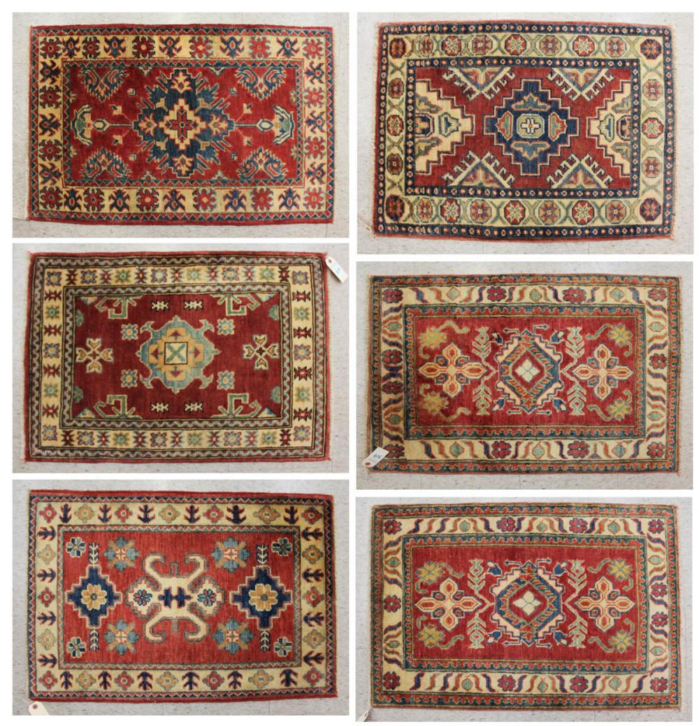 Appraisal: SIX SMALL HAND KNOTTED ORIENTAL AREA RUGS Pakistani Caucasians similar