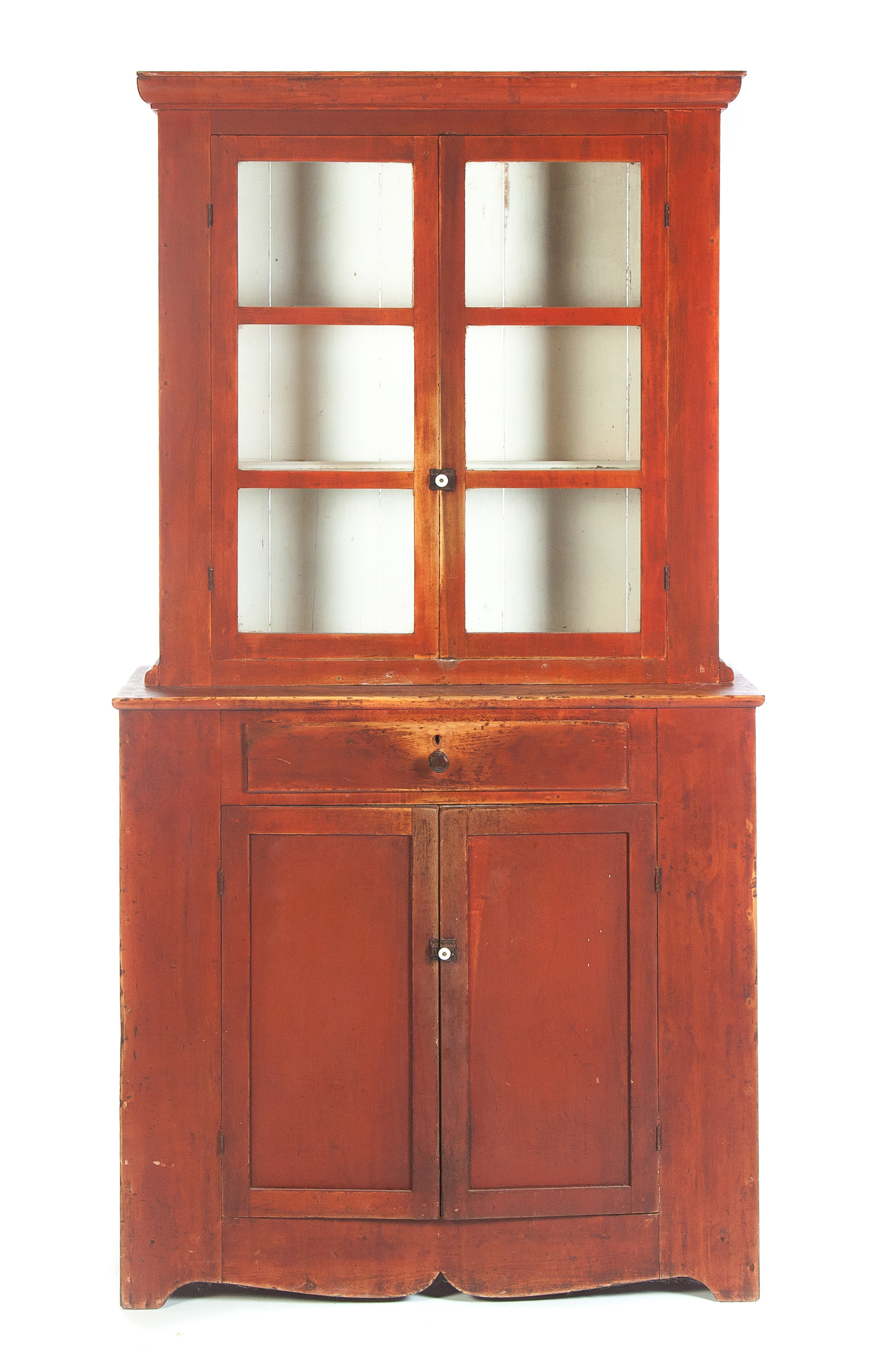 Appraisal: AMERICAN STEPBACK WALL CUPBOARD Mid th century pine Two-piece cupboard