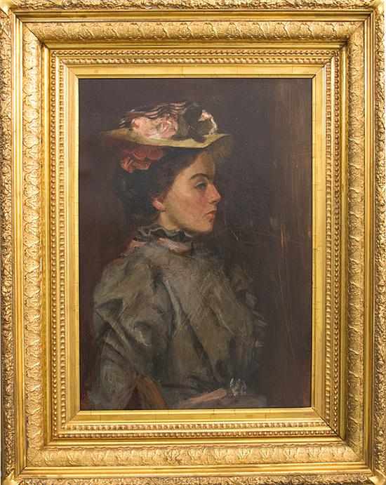 Appraisal: American school th century PORTRAIT OF YOUNG WOMAN WITH HAT