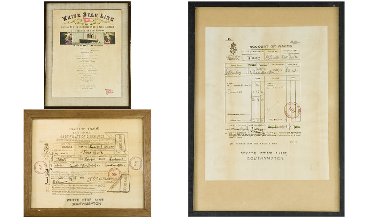 Appraisal: Three Picture Frames containing RMS Titanic menu and discharge certificates