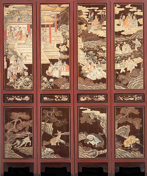 Appraisal: An eight-panel coromandel floor screen with overlay decoration Late Qing