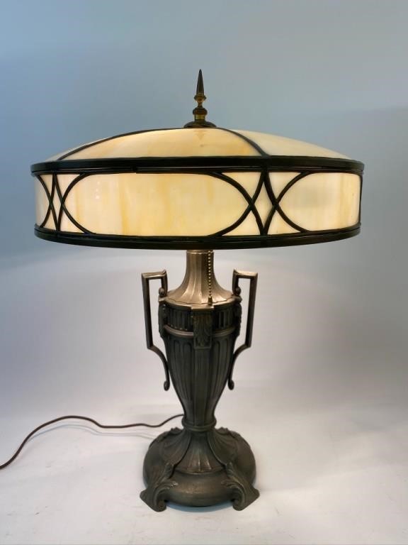 Appraisal: Grecian form spelter metal lamp with slag glass shade h