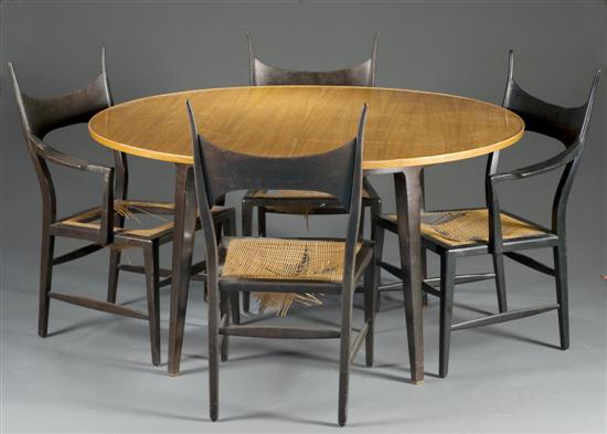 Appraisal: Dunbar walnut maple modernist round table with caned seat walnut