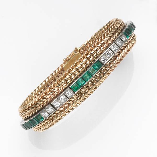 Appraisal: An art deco emerald diamond and platinum straightline bracelet with