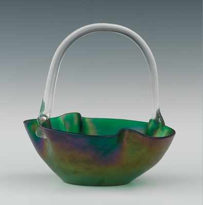 Appraisal: A Style Loetz Art Glass Basket with Clear Handle Pinched