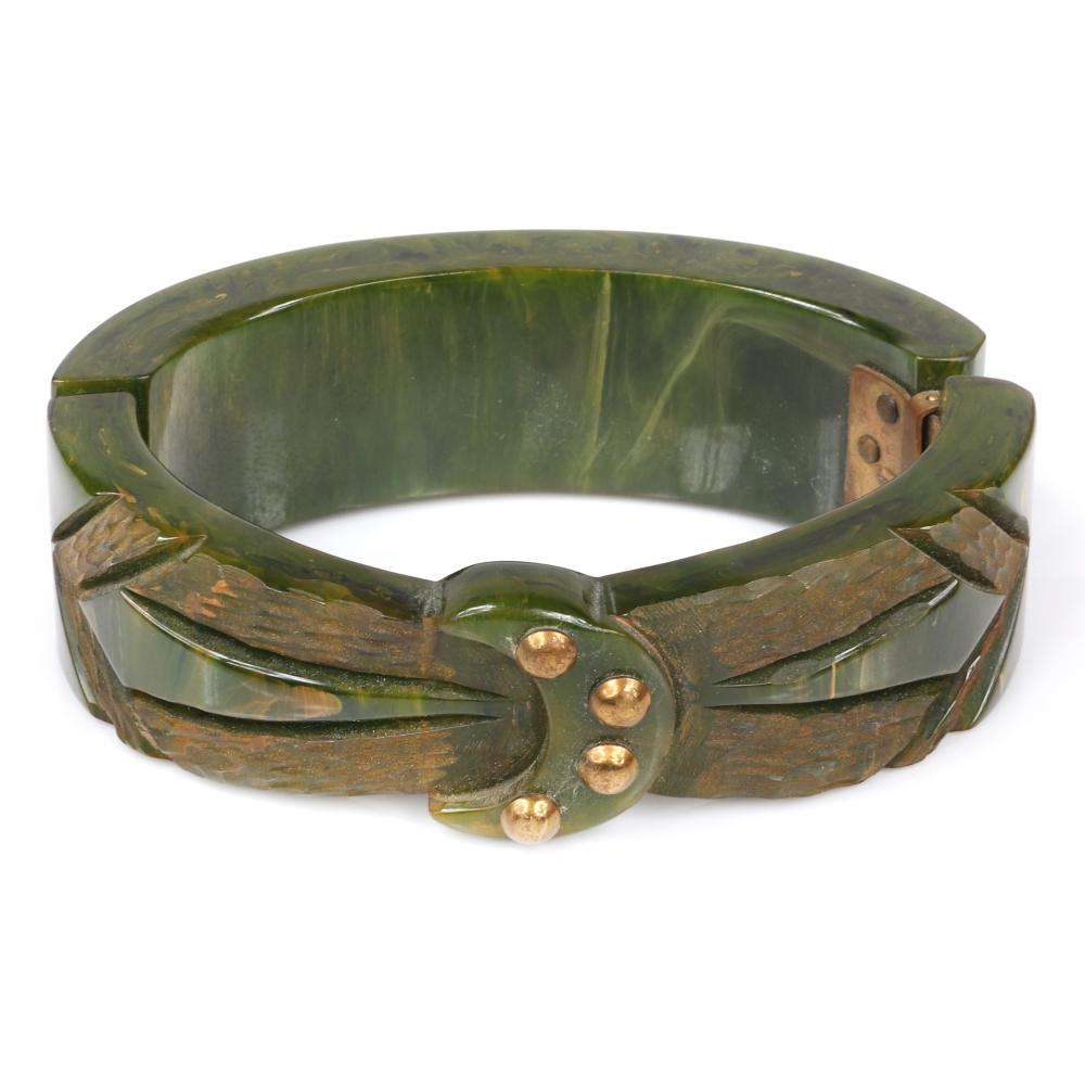 Appraisal: VINTAGE MARBLED CREAMED SPINACH BAKELITE OVAL CLAMPER CUFF BRACELET WITH