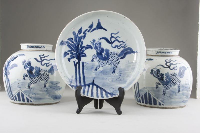 Appraisal: Chinese Blue and White Charger Two Ginger Jars th century