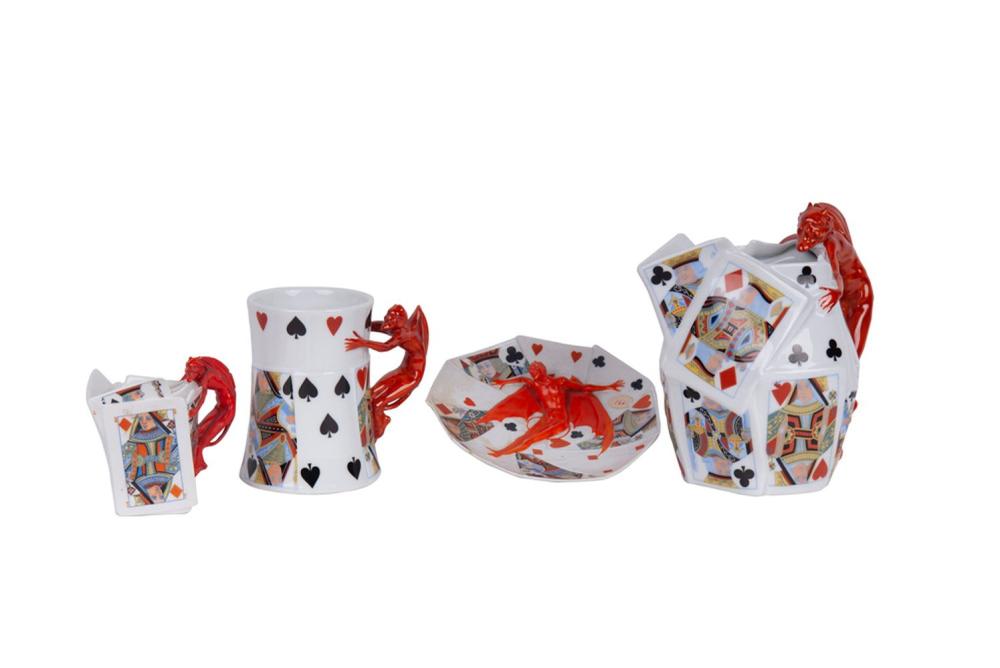 Appraisal: ROYAL BAYREUTH 'DEVIL CARDS' SETcomprising of a pitcher mug creamer