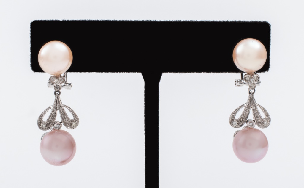 Appraisal: K WHITE GOLD PINK CREAM PEARL DIAMOND EARRINGS K white