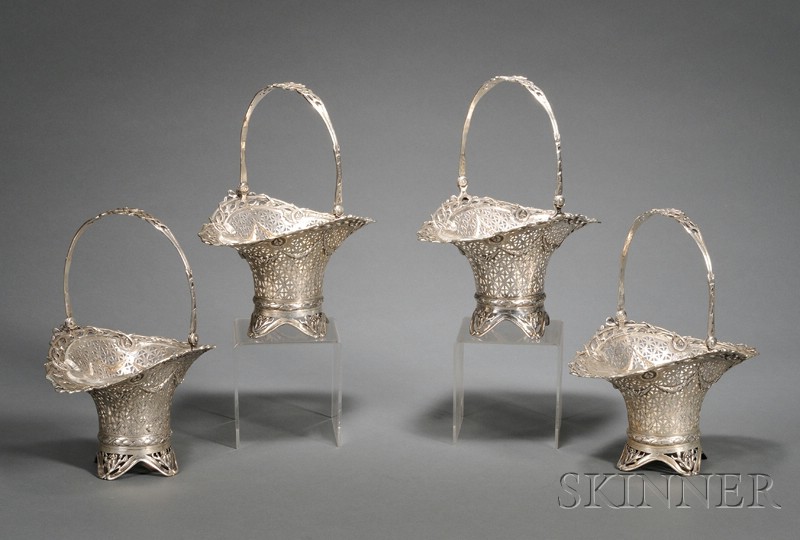 Appraisal: Set of Four Continental Reticulated Silver and Colorless Glass-lined Baskets