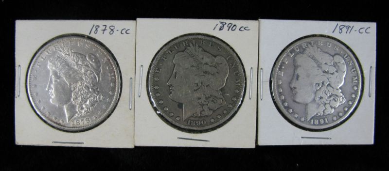 Appraisal: Three Carson City Morgan Silver Dollars -CC AU with small