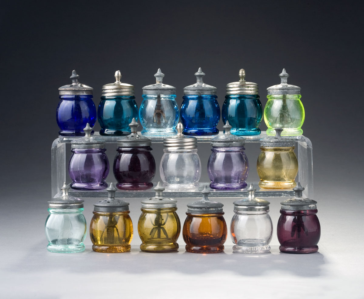 Appraisal: SEVENTEEN SANDWICH GLASS CHRISTMAS SALTS IN A RAINBOW OF COLORS