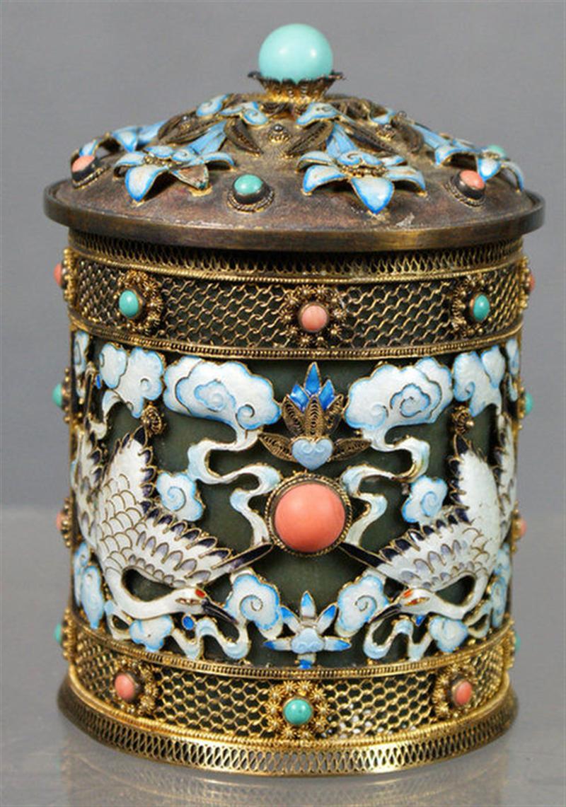 Appraisal: Gilt filigree silver and jade enameled round covered box set