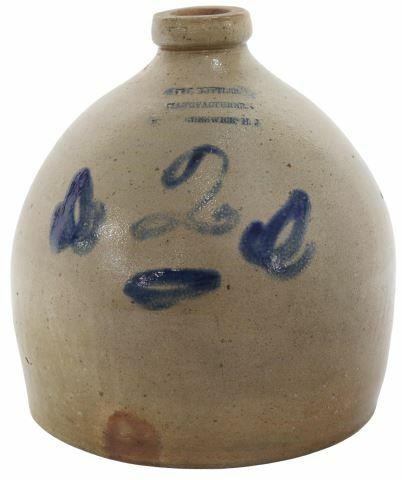 Appraisal: American salt-glazed stoneware two-gallon jug A J Butler Manufacturer Brunswick