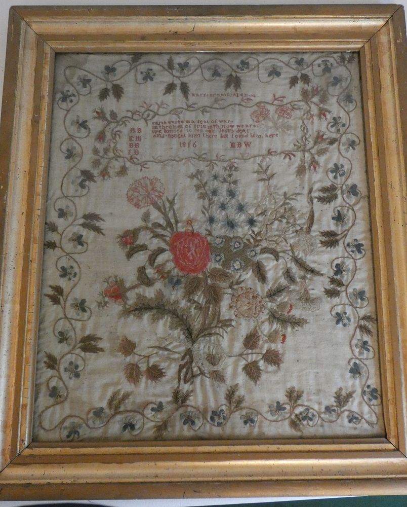 Appraisal: EMBROIDERED PICTURE - BRODIE Framed early floral embroidery with poem