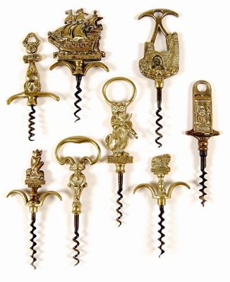 Appraisal: Eight brass souvenir corkscrews including an Elizabethan Galleon Pekingese Cat