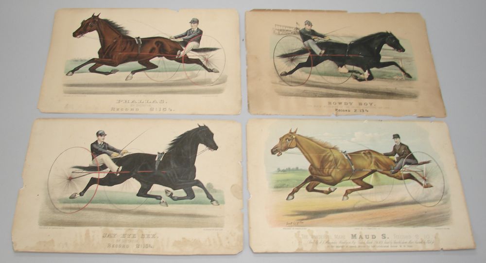 Appraisal: FOUR CURRIER IVES COLORED LITHOGRAPHS Depicting horse racing scenes Phallas