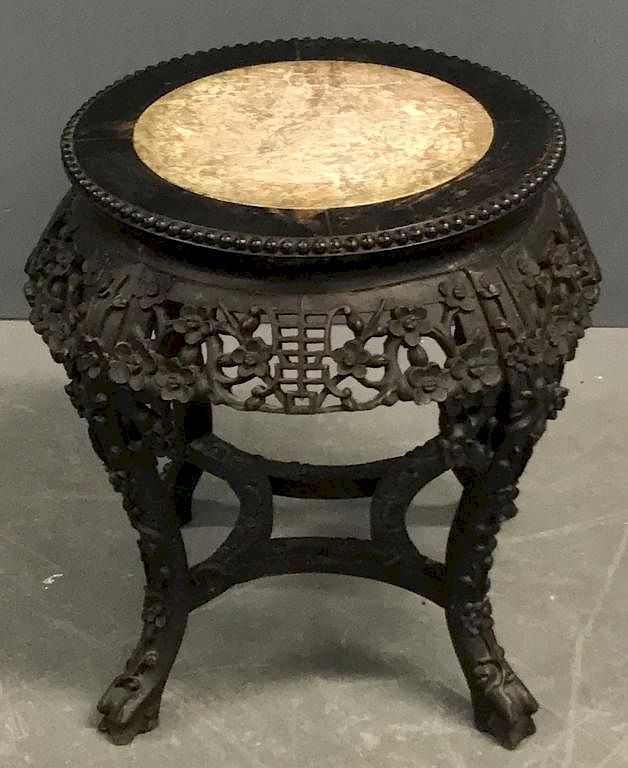 Appraisal: Chinese Ebonized Wood Marble Top Plant Stand Chinese ebonized wood