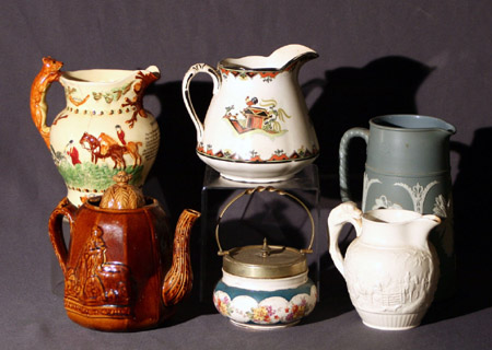 Appraisal: Group of Four English Ceramic Pitchers Bennington-Type Teapot Silver Plate