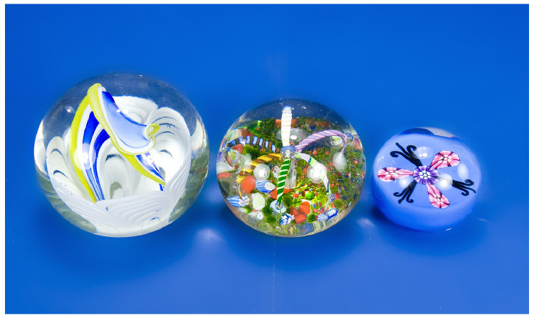 Appraisal: Three Glass Globular Paperweights Millefiore And Abstract Decoration One Jay