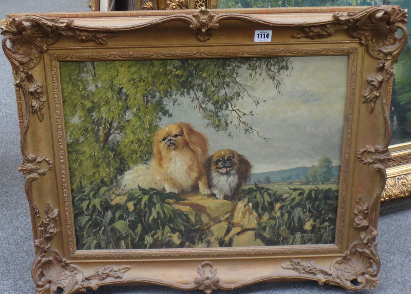 Appraisal: Walter Robin Jennings b Pekingese dogs in a landscape oil