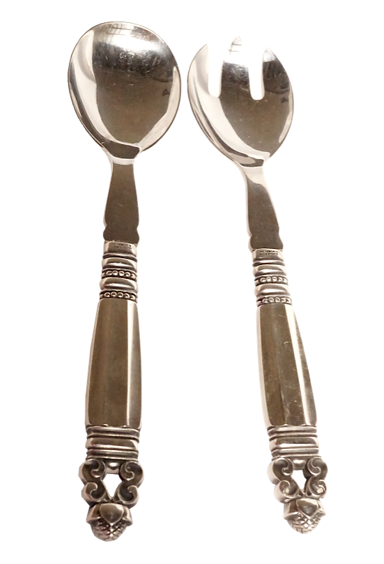 Appraisal: George Jensen Sterling Acorn Pattern Serving Fork Spoon Lot George