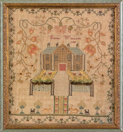 Appraisal: Silk on linen sampler dated wrought by Janet Wallace with