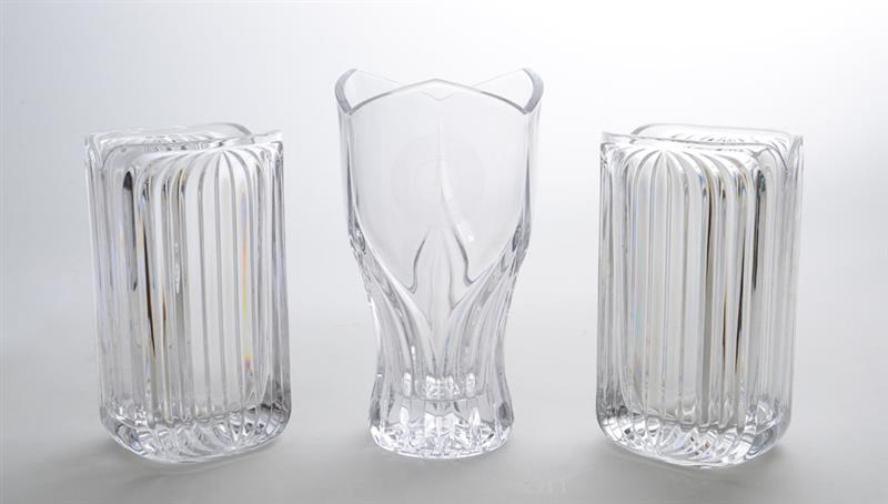 Appraisal: PAIR OF PRESSED GLASS FLUTED ANGULAR VASES AND A GLASS