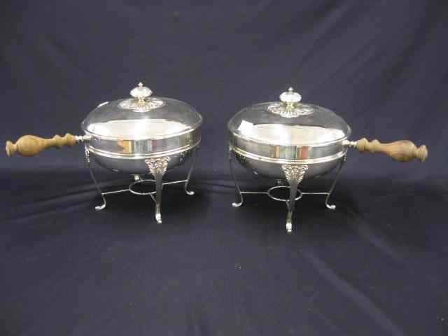 Appraisal: Pair of Silverplate Chafing Dishes on stands wooden handles ''