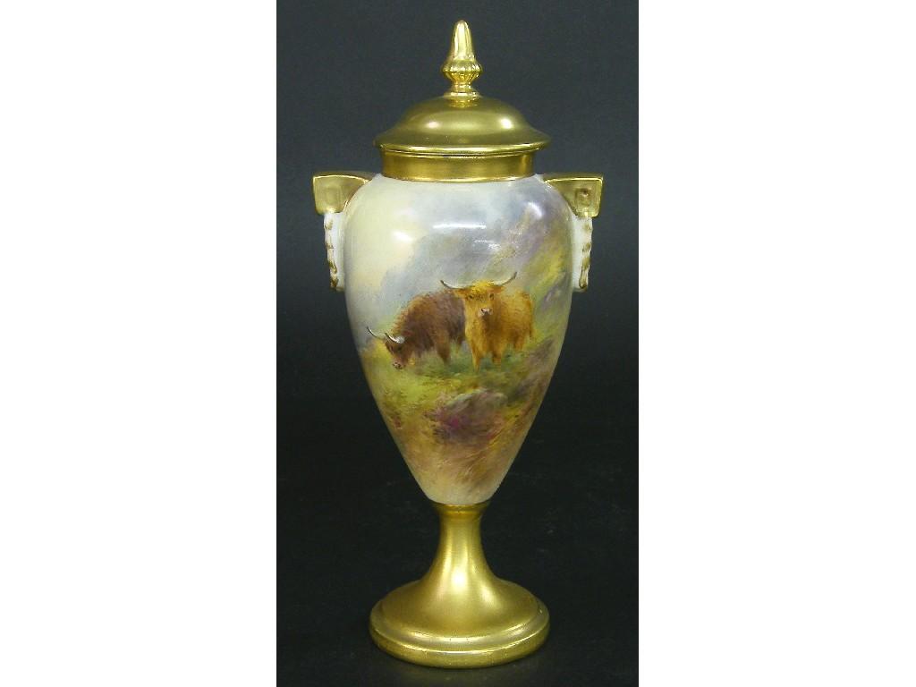 Appraisal: Royal Worcester slender twin handled vase and cover by Harry