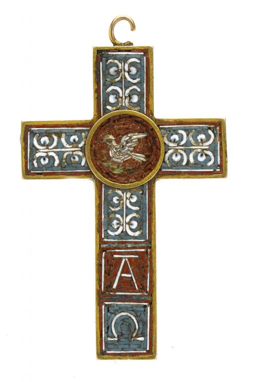 Appraisal: A GOLD AND MICROMOSAIC LATIN CROSS PENDANT with St Esprit