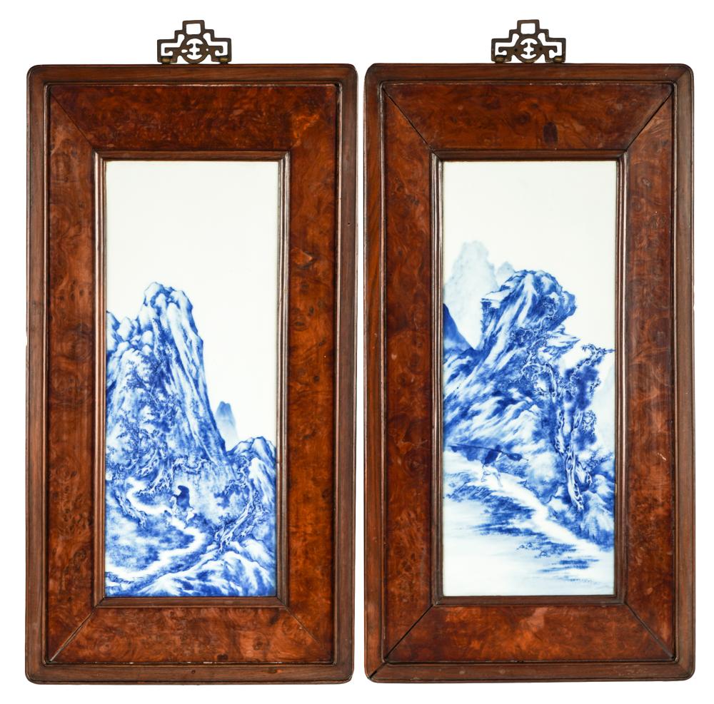 Appraisal: PAIR OF CHINESE BLUE WHITE PORCELAIN PLAQUESeach mounted to wooden