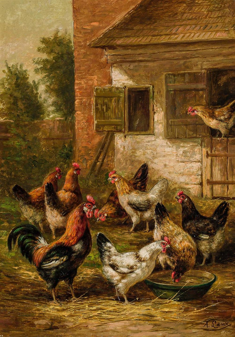 Appraisal: AUGUST LAUX American - Roosters and Chickens at Feeding Time