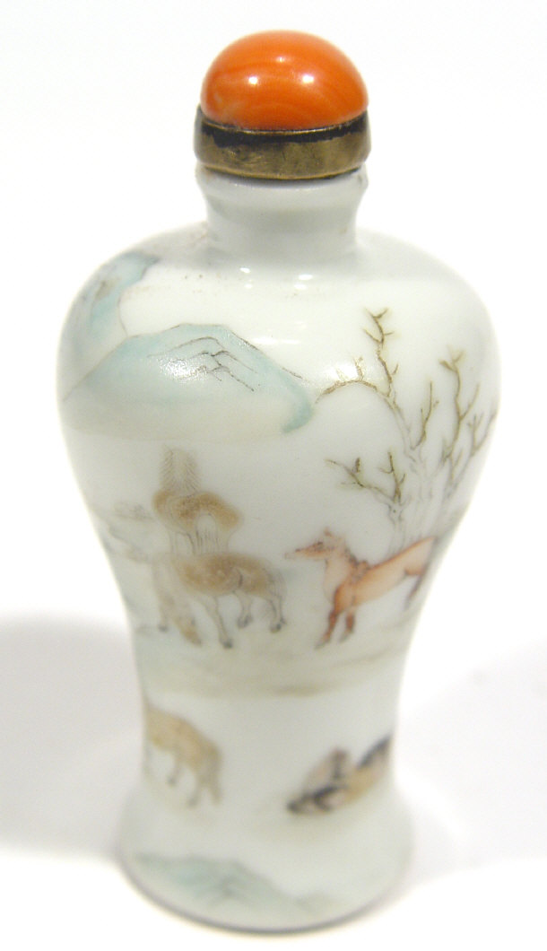 Appraisal: Chinese porcelain snuff bottle with coral stopper the body painted