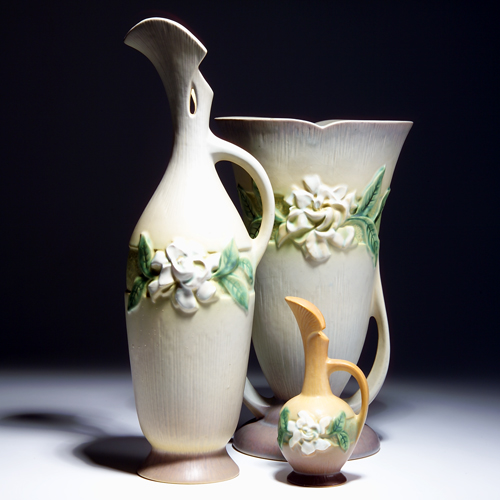 Appraisal: Three ROSEVILLE Gardenia pieces to include a gray flaring vase