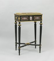 Appraisal: Painted Wood Casket Table with Painted Porcelains Black painted wood