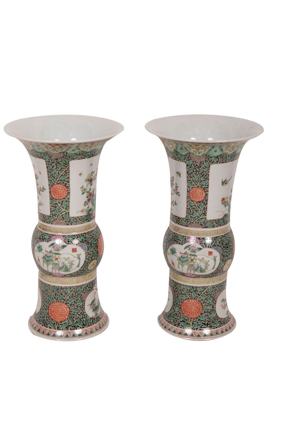 Appraisal: PAIR OF CHINESE FAMILLE VERTE CYLINDRICAL PORCELAIN VASES inches high