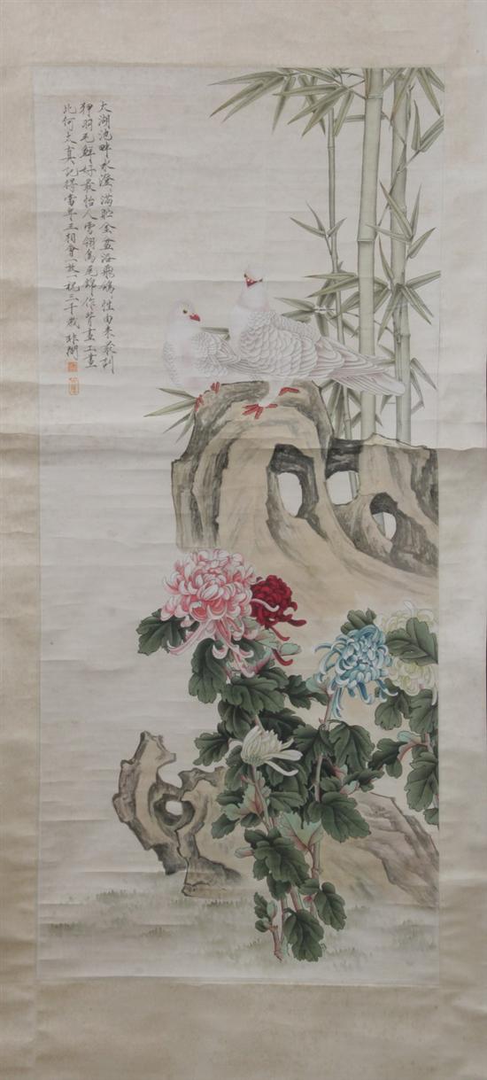 Appraisal: YU FEI AN CHINESE TH CENT Pigeons Ink and color