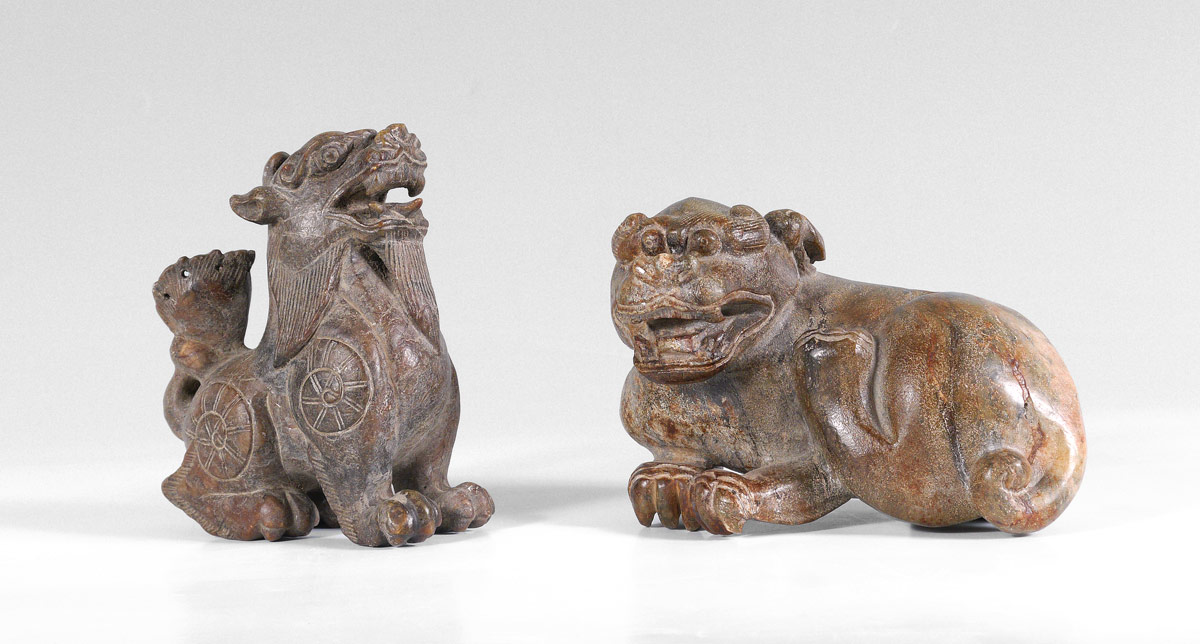 Appraisal: CHINESE CARVED STONE FOO DOGS Nicely detailed figures One measures