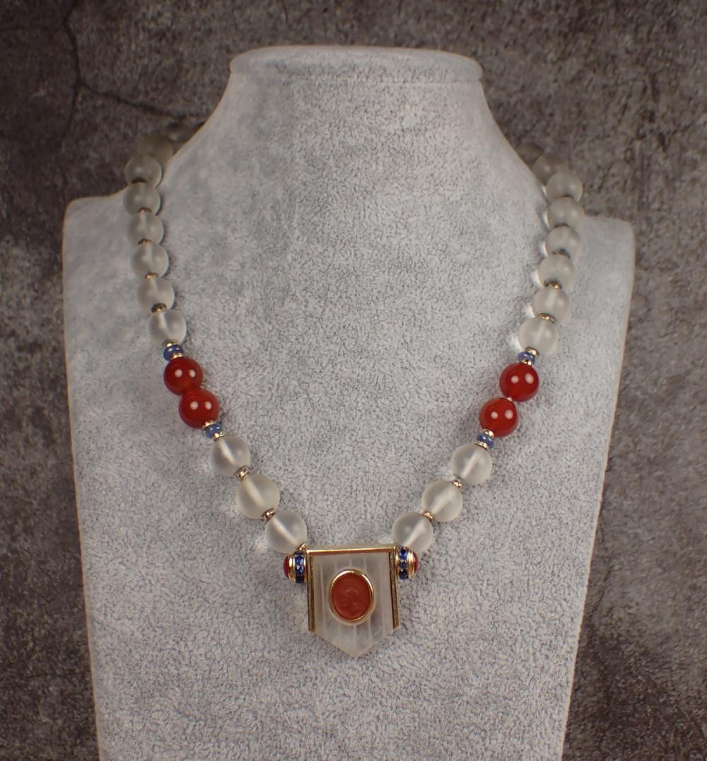 Appraisal: CARNELIAN SAPPHIRE AND FROSTED GLASS NECKLACE The necklace strung with