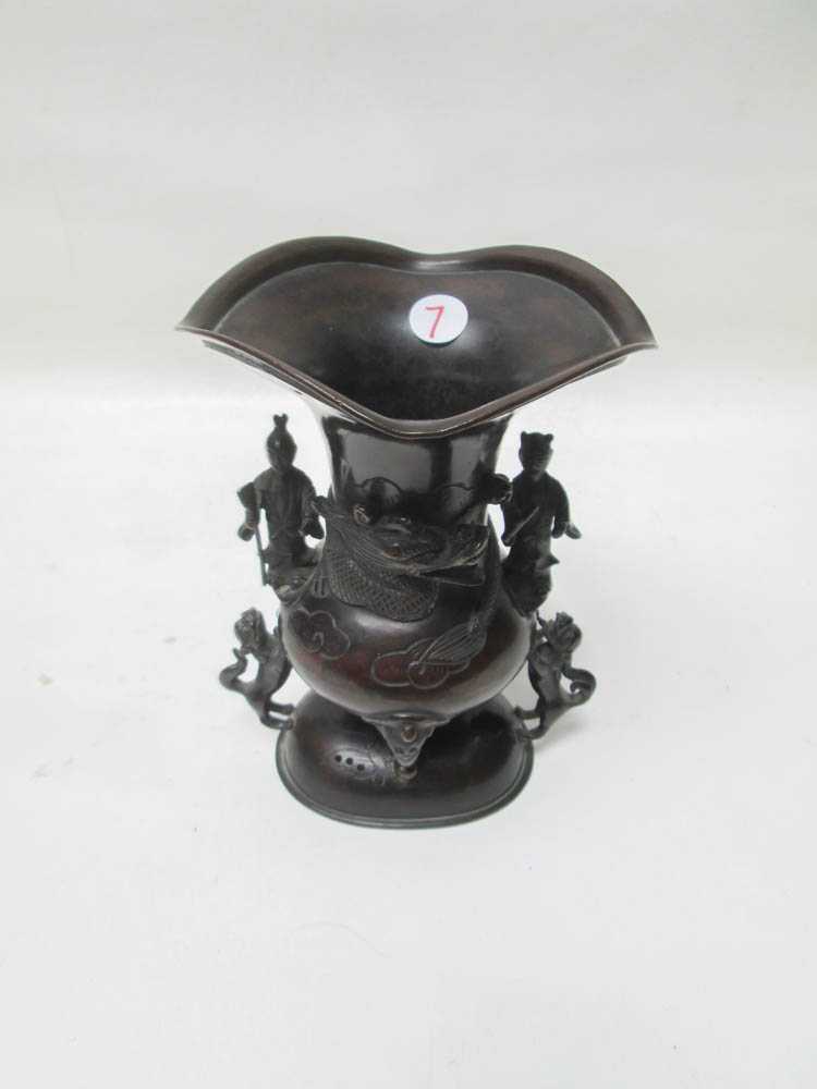 Appraisal: JAPANESE BRONZE FIGURAL VASE tri-footed vase with wide scalloped opening