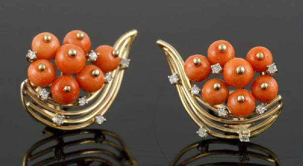 Appraisal: - Ladies' K Coral and Diamond Earrings Ladies' K yellow