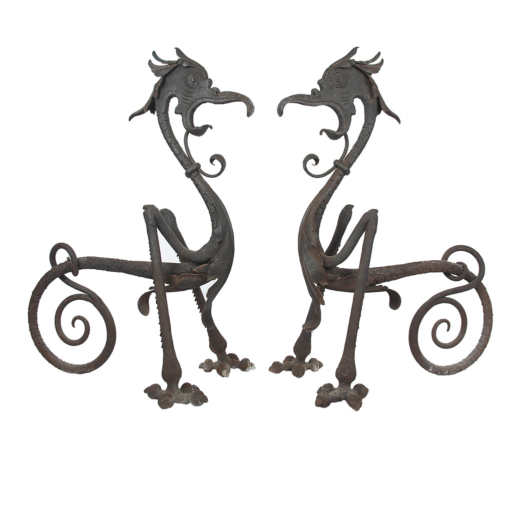 Appraisal: Pair of Wrought Iron Andirons Each of dragon form Height