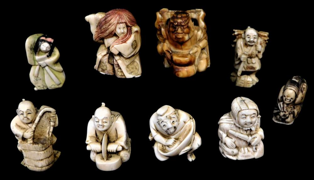 Appraisal: ASIAN Nine netsuke Japanese th- th C mostly ivory various