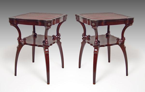 Appraisal: PAIR 'S MAHOGANY RED LEATHER TOP SIDE TABLES Two tier